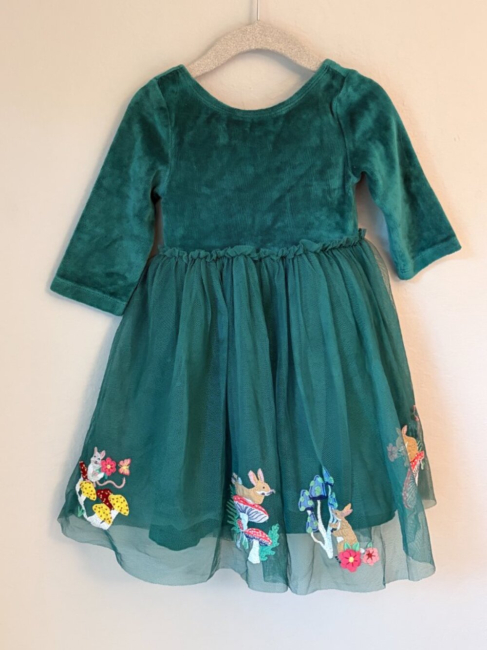 Mini Boden 2-3Y Jewel Green Velvet Tulle Dress Woodland Animals Appliqué Party